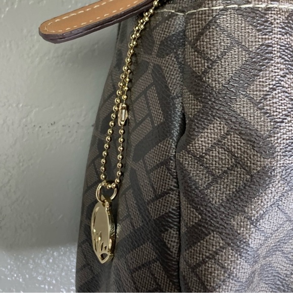 Big Buddha 2 Tone Brown Logo Pattern 3 Large Compartment Top Zip Satchel Handbag - Picture 15 of 16